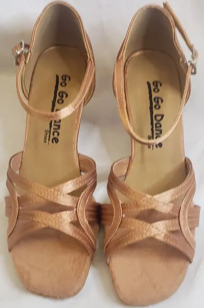 2.5" Cynthia -- Women's Flare Heel Latin Sandal  -- Tan Satin