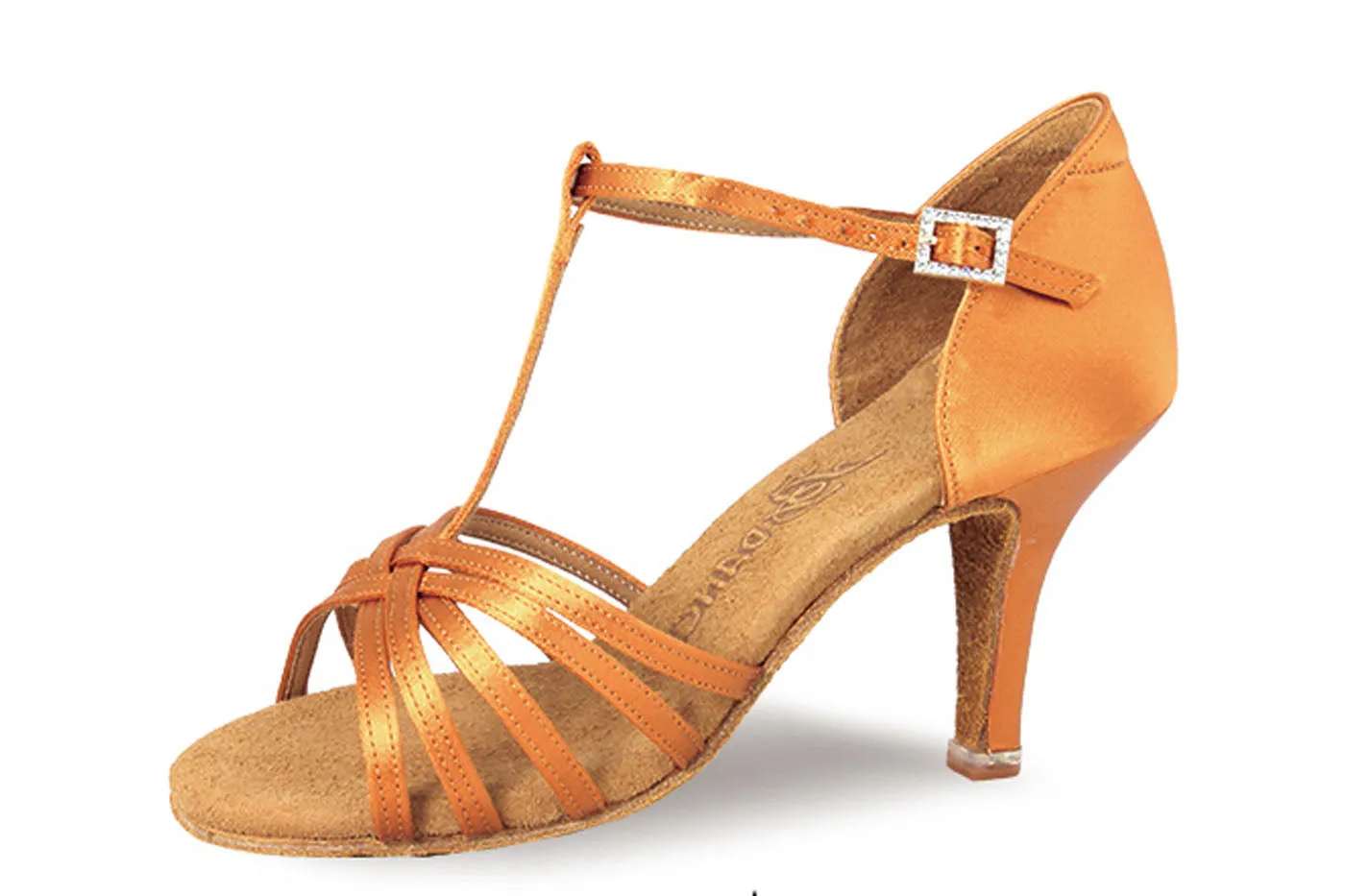 BD Dance 217 Satin Ladies Tan Latin Dance Shoe with T-Strap