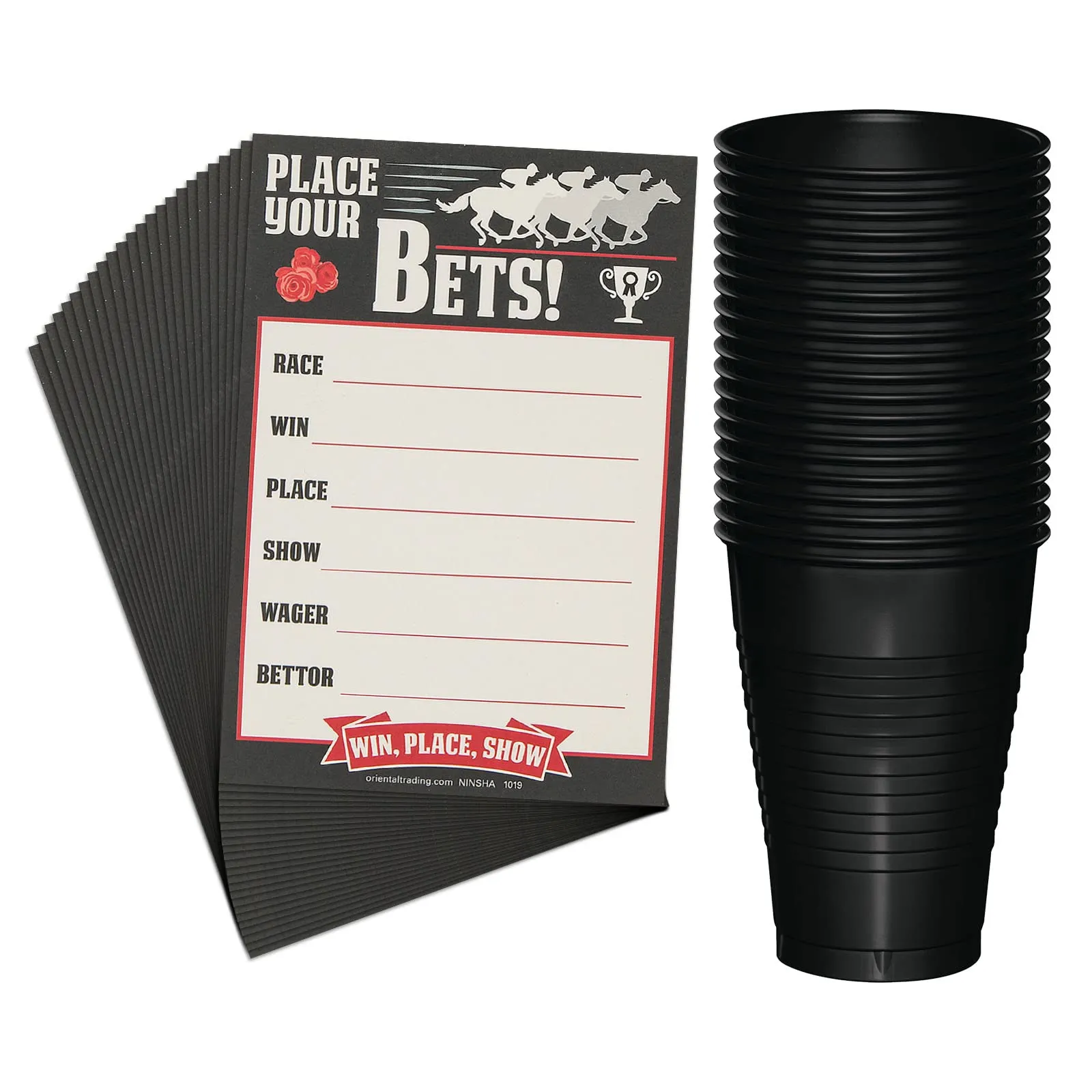 Derby Party Supplies - Place Your Bets Game Cards With Black Plastic 12 Ounce Cups (Serves 20)